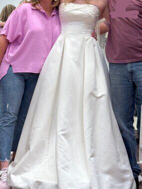 Modern Strapless Princess Wedding Dress w/ Pearl Detail and Removable Bow